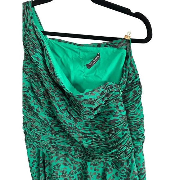 Halston Heritage One Shoulder Asymmetrical Ruched Emerald Cheetah Print Dress - Picture 10 of 14